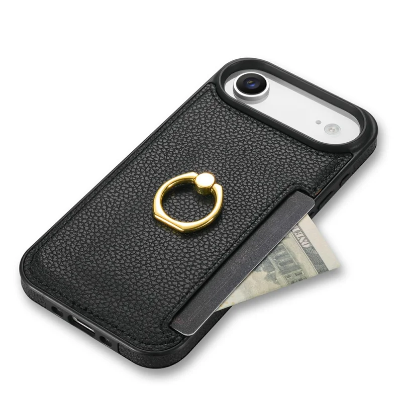 For iPhone Air Case Ring Kickstand PU + TPU Card Holder Phone Cover - Black