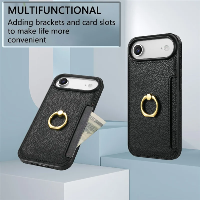 For iPhone Air Case Ring Kickstand PU + TPU Card Holder Phone Cover - Black