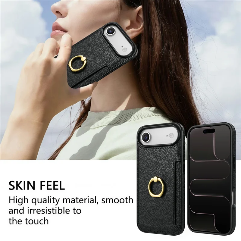 For iPhone Air Case Ring Kickstand PU + TPU Card Holder Phone Cover - Black