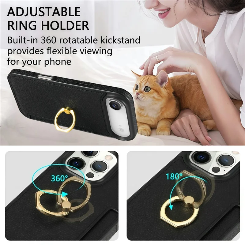 For iPhone Air Case Ring Kickstand PU + TPU Card Holder Phone Cover - Black