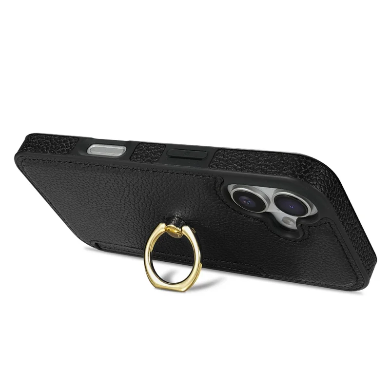 For iPhone 17 Case Ring Kickstand PU + TPU Card Holder Phone Cover - Black