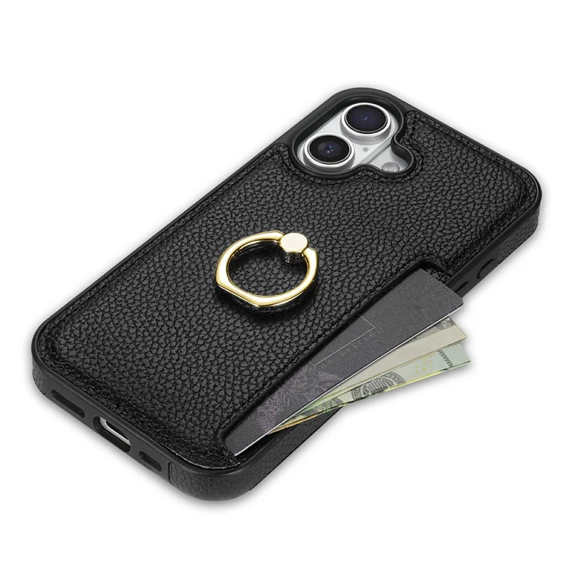 For iPhone 17 Case Ring Kickstand PU + TPU Card Holder Phone Cover - Black