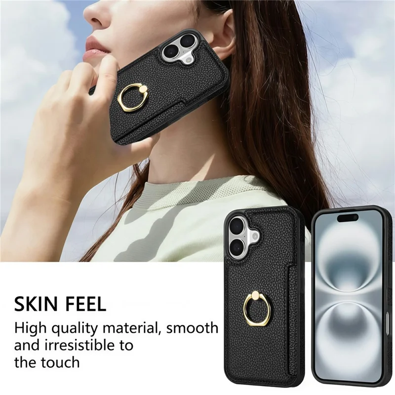 For iPhone 17 Case Ring Kickstand PU + TPU Card Holder Phone Cover - Black