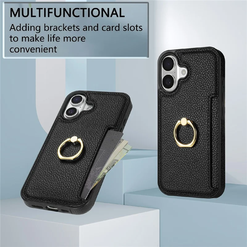 For iPhone 17 Case Ring Kickstand PU + TPU Card Holder Phone Cover - Black