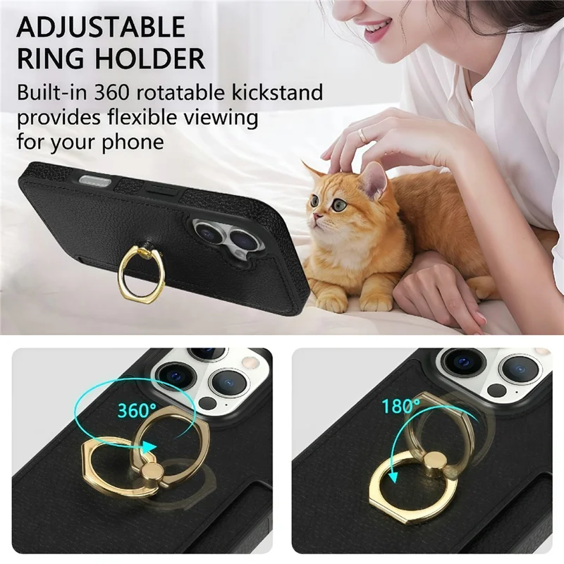 For iPhone 17 Case Ring Kickstand PU + TPU Card Holder Phone Cover - Black