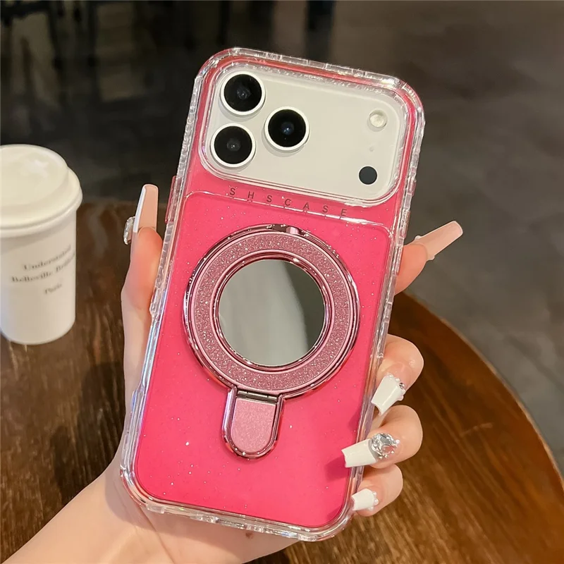 For iPhone 17 Pro Magnetic Case Kickstand Glitter Design PC + TPU Phone Back Cover with Mirror - Rose