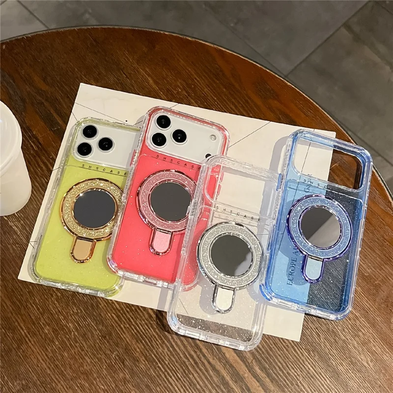 For iPhone 17 Pro Magnetic Case Kickstand Glitter Design PC + TPU Phone Back Cover with Mirror - Rose