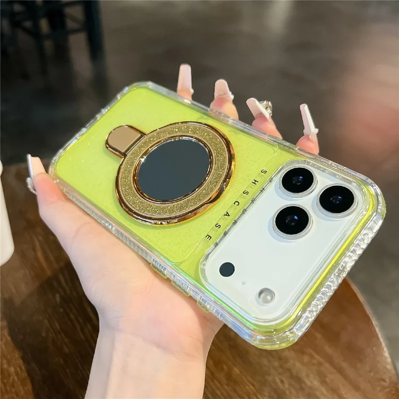 For iPhone 17 Pro Magnetic Case Kickstand Glitter Design PC + TPU Phone Back Cover with Mirror - Rose