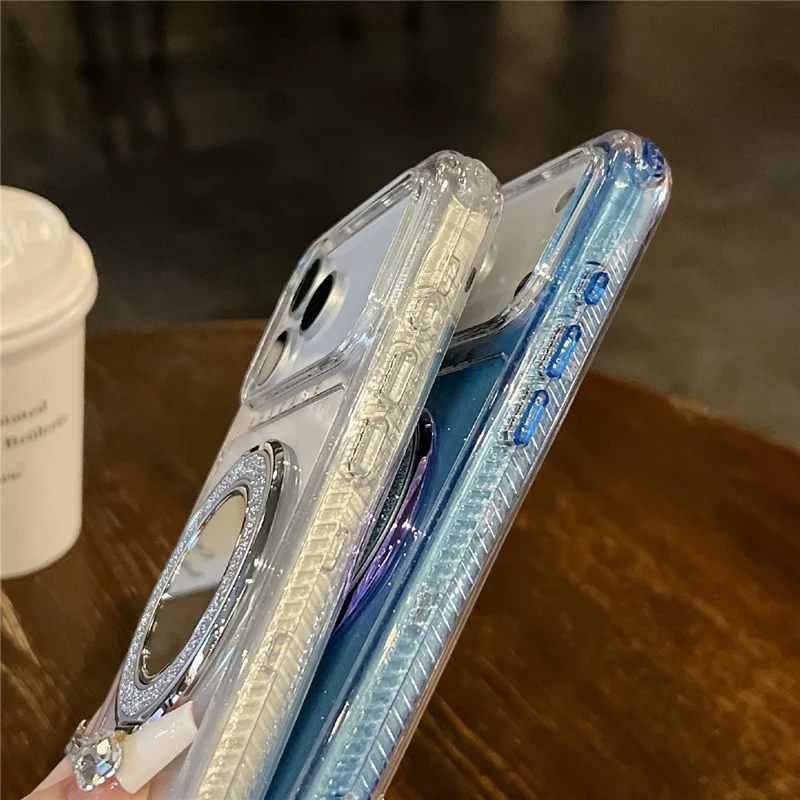 For iPhone 17 Pro Magnetic Case Kickstand Glitter Design PC + TPU Phone Back Cover with Mirror - Rose