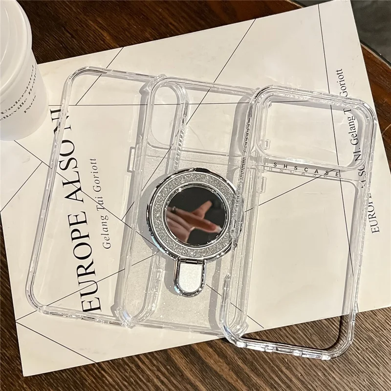 For iPhone 17 Pro Max Magnetic Case Kickstand Glitter Design PC + TPU Phone Back Cover with Mirror - Rose