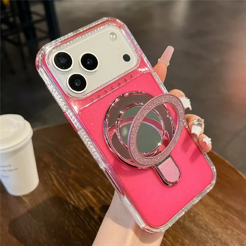 For iPhone 17 Pro Max Magnetic Case Kickstand Glitter Design PC + TPU Phone Back Cover with Mirror - Rose