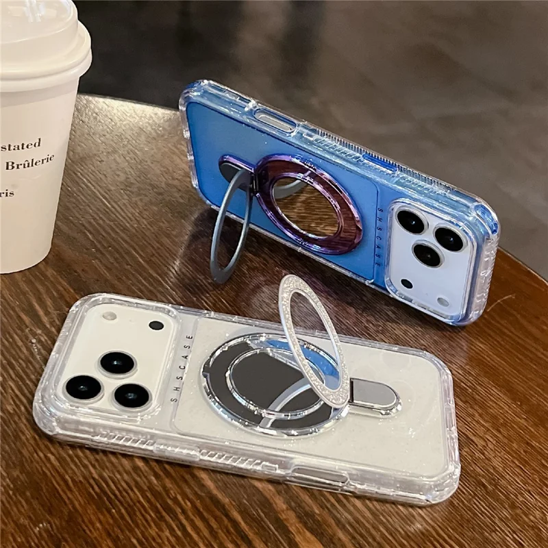 For iPhone 17 Pro Max Magnetic Case Kickstand Glitter Design PC + TPU Phone Back Cover with Mirror - Rose