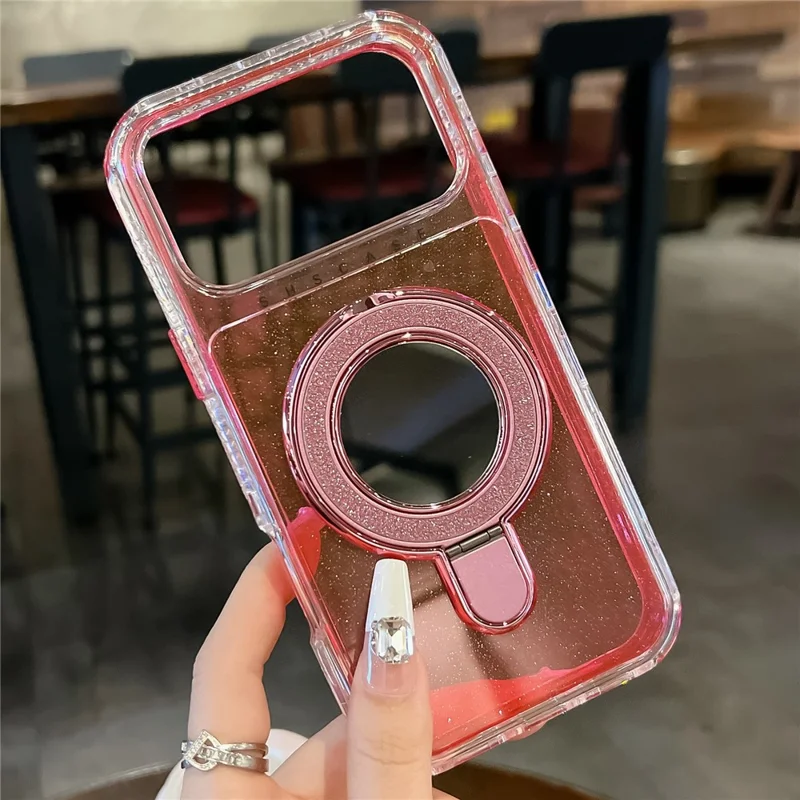 For iPhone 17 Pro Max Magnetic Case Kickstand Glitter Design PC + TPU Phone Back Cover with Mirror - Rose
