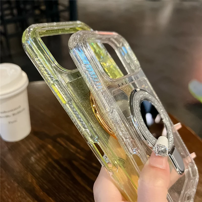 For iPhone 17 Pro Max Magnetic Case Kickstand Glitter Design PC + TPU Phone Back Cover with Mirror - Rose