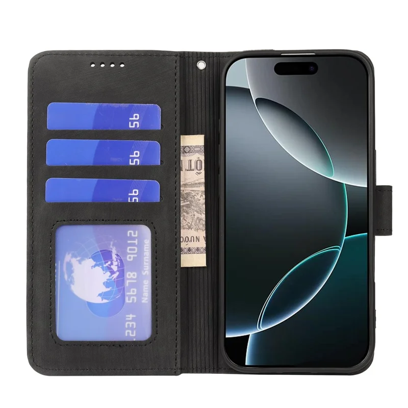 For iPhone 16 Pro Max Case Flip Wallet Striped Texture Leather Phone Cover - Black