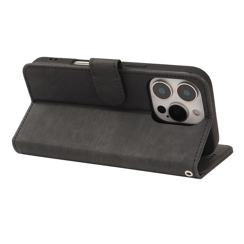 For iPhone 16 Pro Max Case Flip Wallet Striped Texture Leather Phone Cover - Black