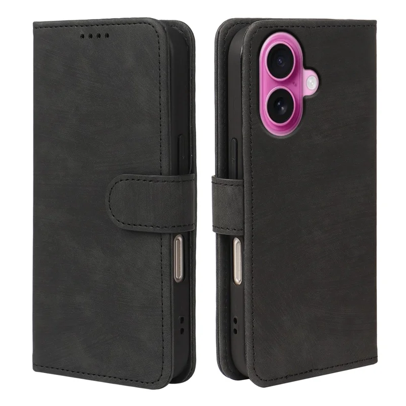 For iPhone 16 Case Flip Wallet Striped Texture Leather Phone Cover - Black