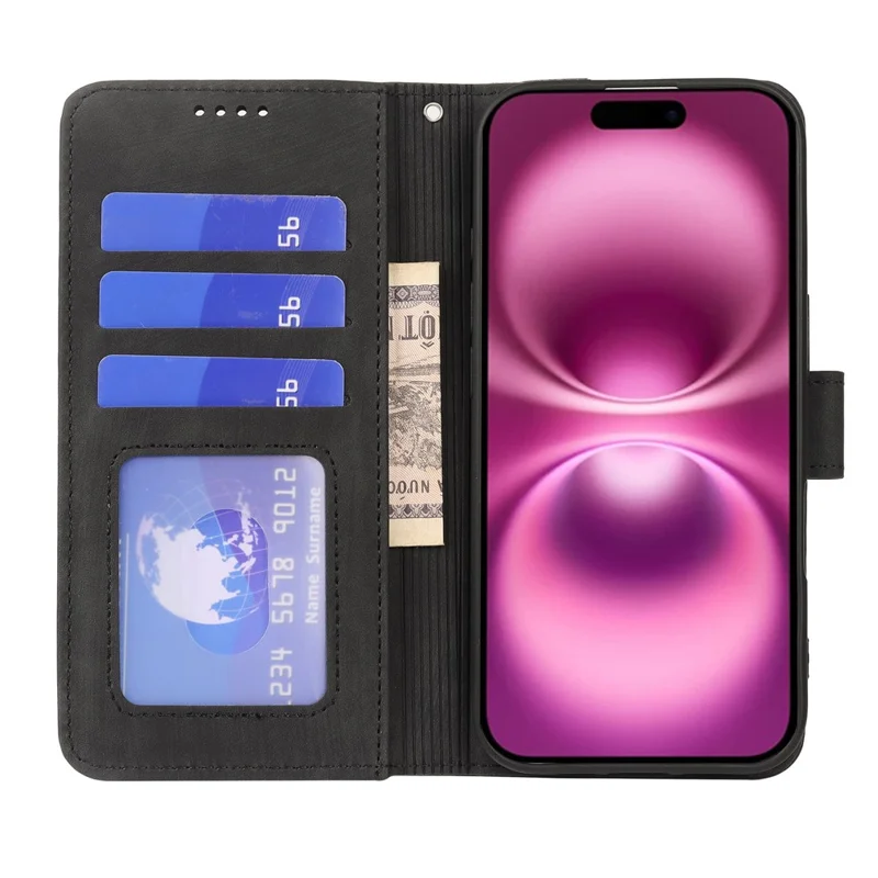 For iPhone 16 Case Flip Wallet Striped Texture Leather Phone Cover - Black