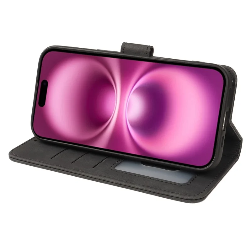 For iPhone 16 Case Flip Wallet Striped Texture Leather Phone Cover - Black