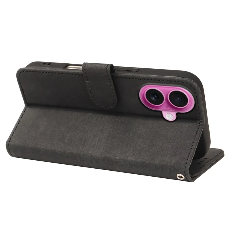 For iPhone 16 Case Flip Wallet Striped Texture Leather Phone Cover - Black