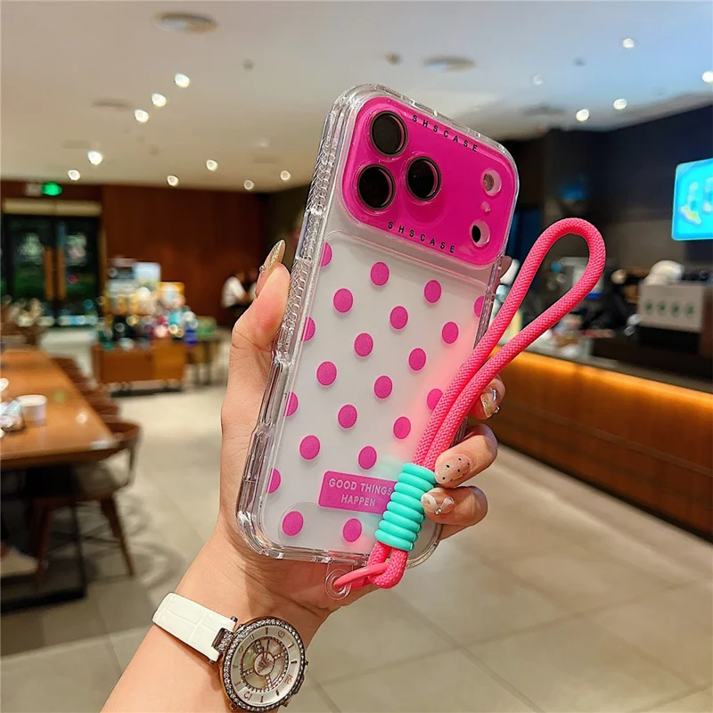 For iPhone 17 Pro Case Polka Dot Pattern PC + TPU Phone Cover with Lens Film  /  Strap - Rose