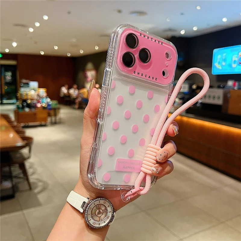 For iPhone 17 Pro Case Polka Dot Pattern PC + TPU Phone Cover with Lens Film  /  Strap - Pink