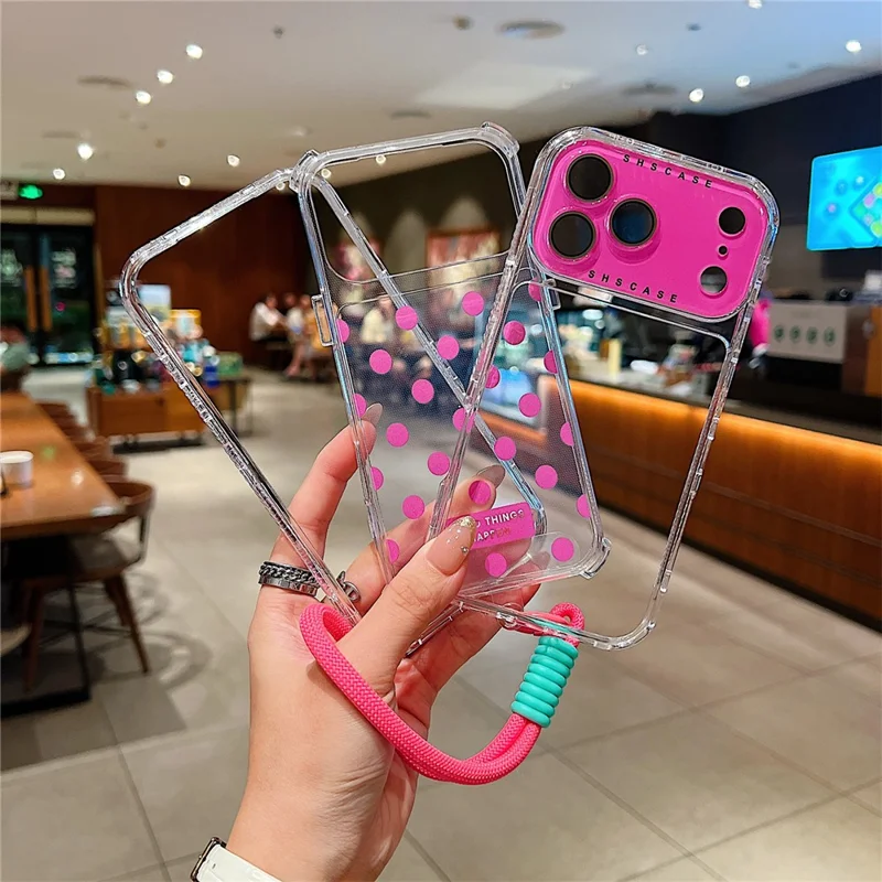 For iPhone 17 Pro Max Case Polka Dot Pattern PC + TPU Phone Cover with Lens Film  /  Strap - Rose