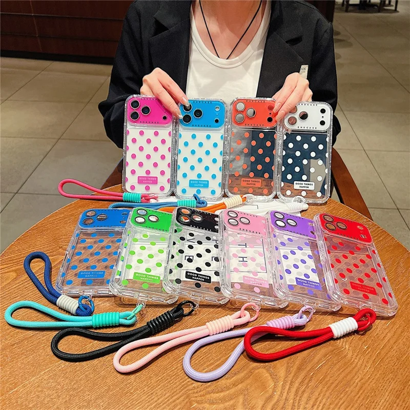 For iPhone 17 Pro Max Case Polka Dot Pattern PC + TPU Phone Cover with Lens Film  /  Strap - Rose