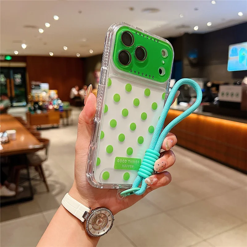 For iPhone 17 Pro Max Case Polka Dot Pattern PC + TPU Phone Cover with Lens Film  /  Strap - Green