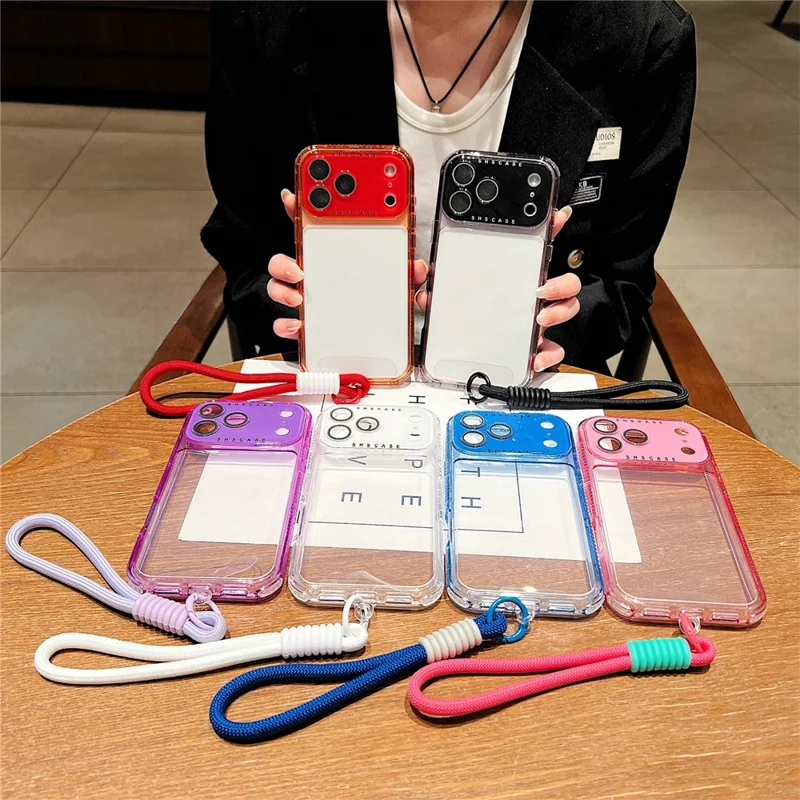 For iPhone 17 Pro Max Case Clear Colorful Frame Drop-Proof TPU + PC Phone Back Cover with Lens Film  /  Strap - Pink