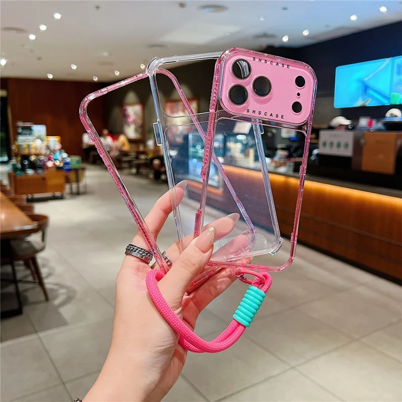 For iPhone 17 Pro Case Clear Colorful Frame Drop-Proof TPU + PC Phone Back Cover with Lens Film  /  Strap - Pink