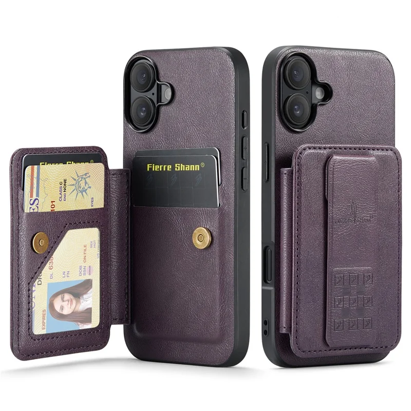 FIERRE SHANN 024 For iPhone 17 Case Card Holder Kickstand Waxy Texture Leather + TPU Phone Cover - Purple