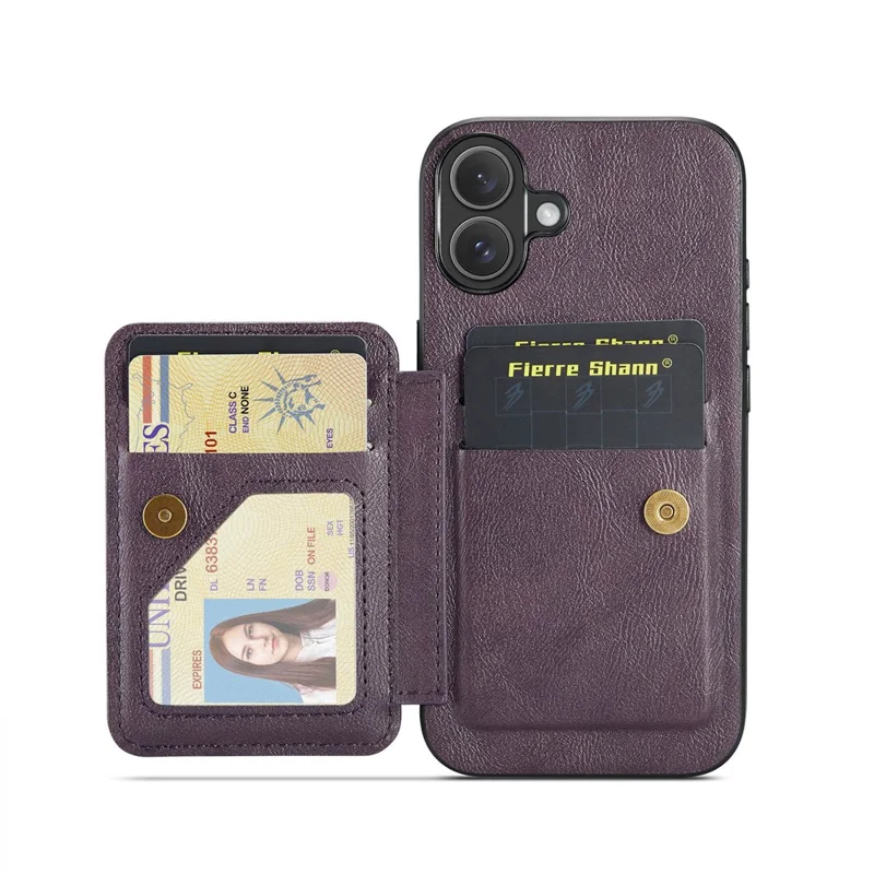 FIERRE SHANN 024 For iPhone 17 Case Card Holder Kickstand Waxy Texture Leather + TPU Phone Cover - Purple