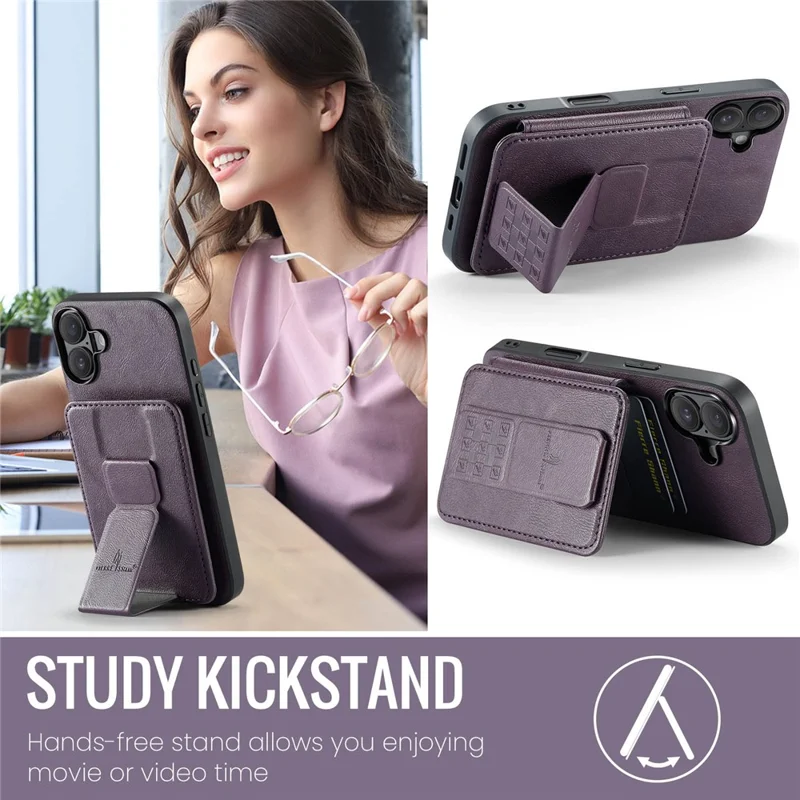 FIERRE SHANN 024 For iPhone 17 Case Card Holder Kickstand Waxy Texture Leather + TPU Phone Cover - Purple