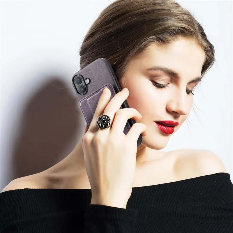 FIERRE SHANN 024 For iPhone 17 Case Card Holder Kickstand Waxy Texture Leather + TPU Phone Cover - Purple