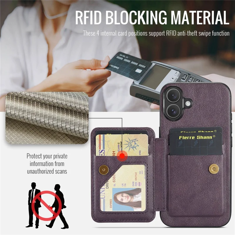 FIERRE SHANN 024 For iPhone 17 Case Card Holder Kickstand Waxy Texture Leather + TPU Phone Cover - Purple