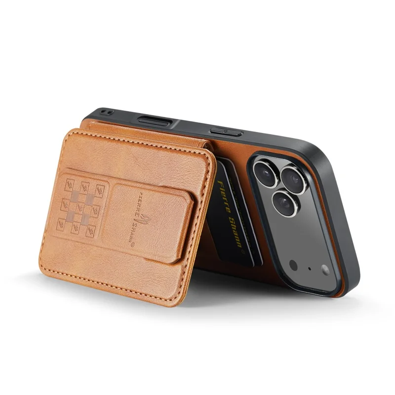 FIERRE SHANN 024 For iPhone 17 Pro Case Card Holder Kickstand Waxy Texture Leather + TPU Phone Cover - Brown