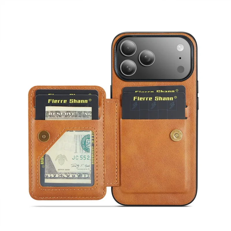 FIERRE SHANN 024 For iPhone 17 Pro Case Card Holder Kickstand Waxy Texture Leather + TPU Phone Cover - Brown