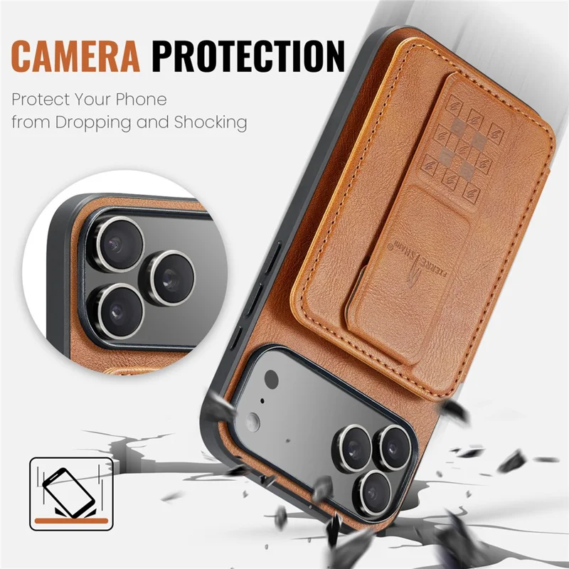 FIERRE SHANN 024 For iPhone 17 Pro Case Card Holder Kickstand Waxy Texture Leather + TPU Phone Cover - Brown