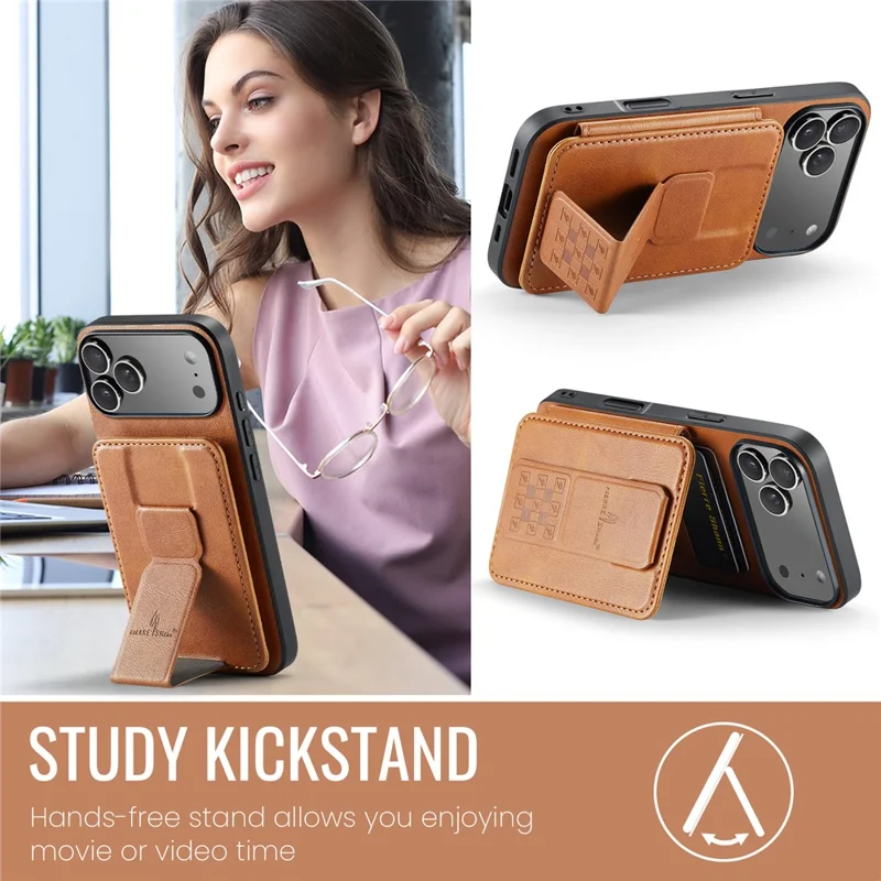 FIERRE SHANN 024 For iPhone 17 Pro Case Card Holder Kickstand Waxy Texture Leather + TPU Phone Cover - Brown