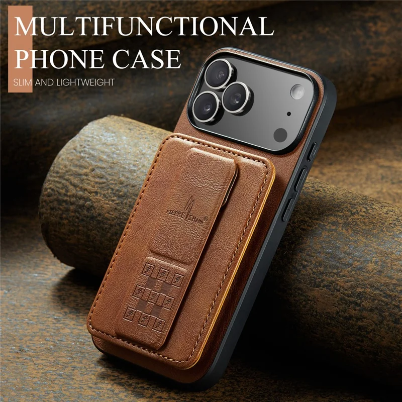 FIERRE SHANN 024 For iPhone 17 Pro Case Card Holder Kickstand Waxy Texture Leather + TPU Phone Cover - Brown