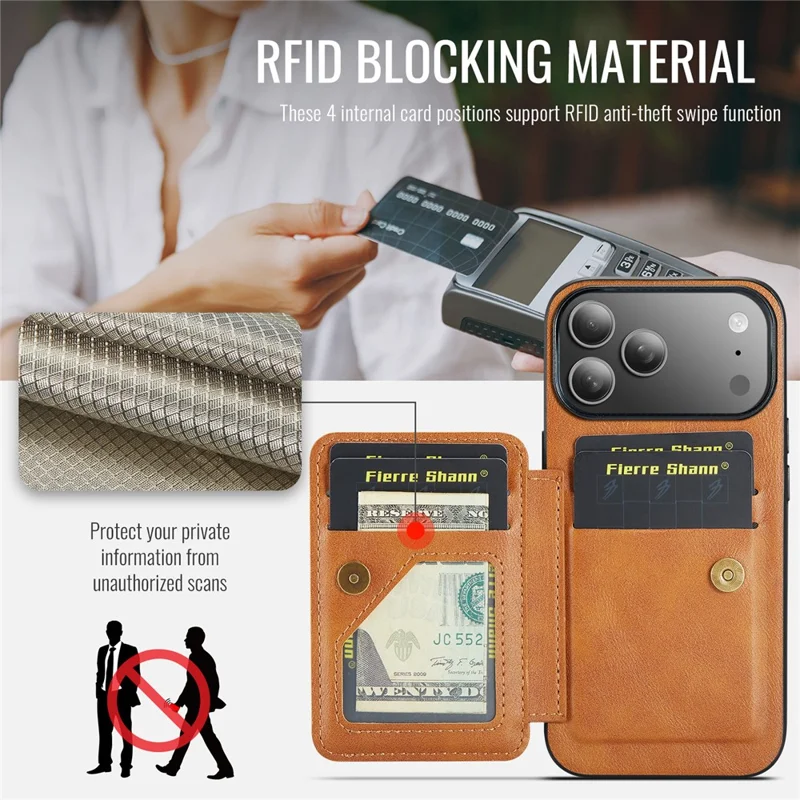 FIERRE SHANN 024 For iPhone 17 Pro Case Card Holder Kickstand Waxy Texture Leather + TPU Phone Cover - Brown