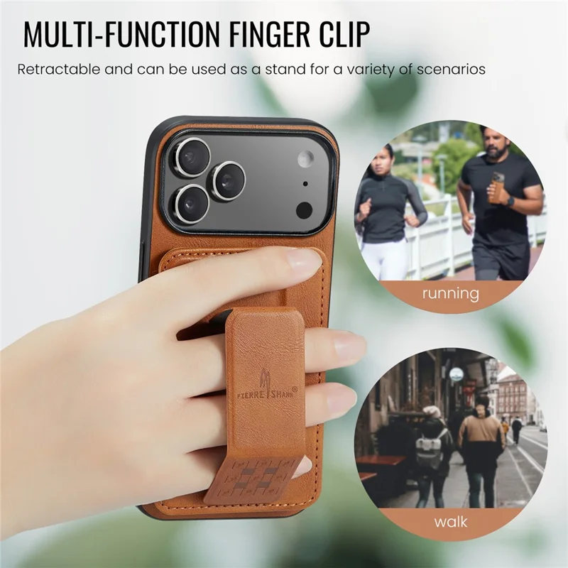 FIERRE SHANN 024 For iPhone 17 Pro Case Card Holder Kickstand Waxy Texture Leather + TPU Phone Cover - Brown