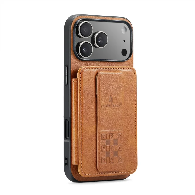 FIERRE SHANN 024 For iPhone 17 Pro Case Card Holder Kickstand Waxy Texture Leather + TPU Phone Cover - Brown