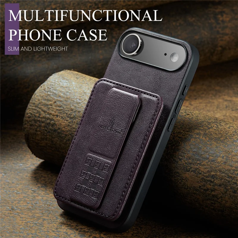 FIERRE SHANN 024 For iPhone Air Case Card Holder Kickstand Waxy Texture Leather + TPU Phone Cover - Purple