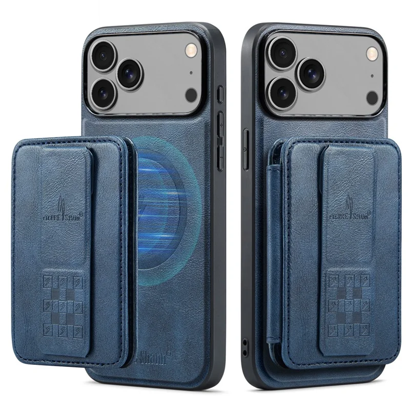 FIERRE SHANN 028 Voor iPhone 17 Pro Max hoesje met standaard en lederen achterkant met magnetische afneembare kaartvakken - Blauw