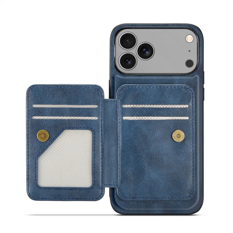 FIERRE SHANN 028 Voor iPhone 17 Pro Max hoesje met standaard en lederen achterkant met magnetische afneembare kaartvakken - Blauw