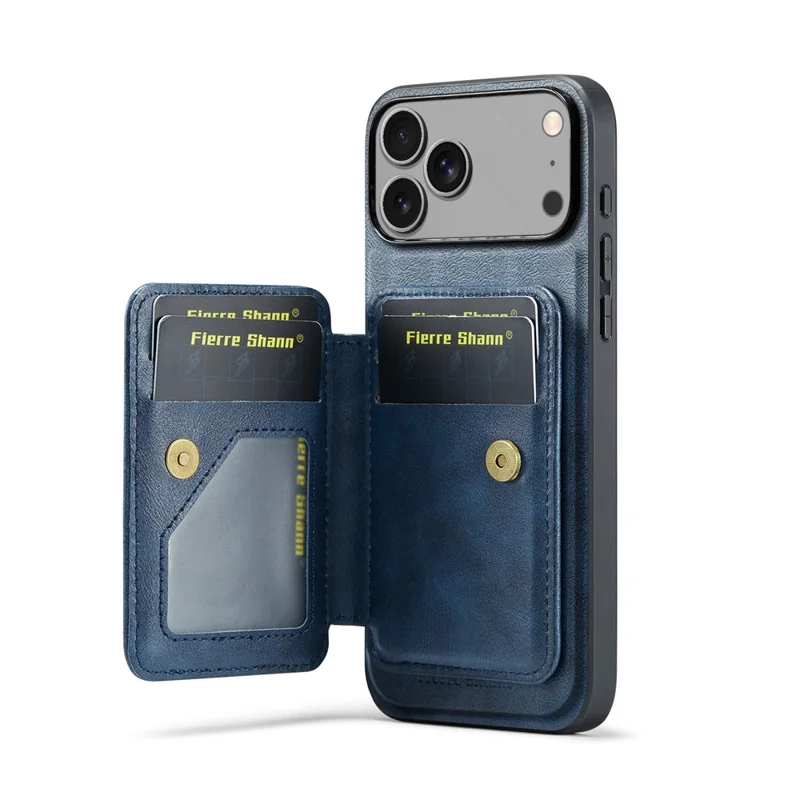 FIERRE SHANN 028 Voor iPhone 17 Pro Max hoesje met standaard en lederen achterkant met magnetische afneembare kaartvakken - Blauw