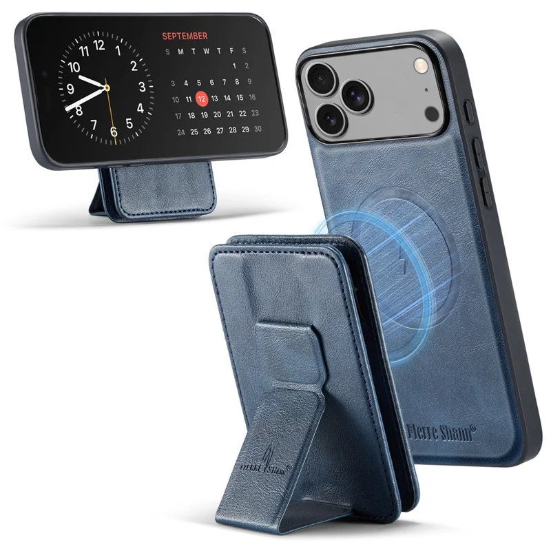 FIERRE SHANN 028 Voor iPhone 17 Pro Max hoesje met standaard en lederen achterkant met magnetische afneembare kaartvakken - Blauw