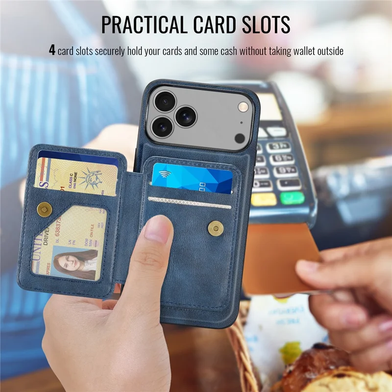FIERRE SHANN 028 Voor iPhone 17 Pro Max hoesje met standaard en lederen achterkant met magnetische afneembare kaartvakken - Blauw